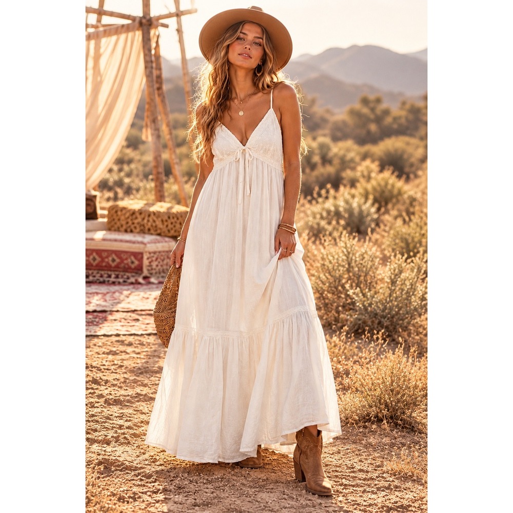 No Boundaries White Eyelet Tie Front Boho Maxi Dress Tiered Sleeveless L 12-14